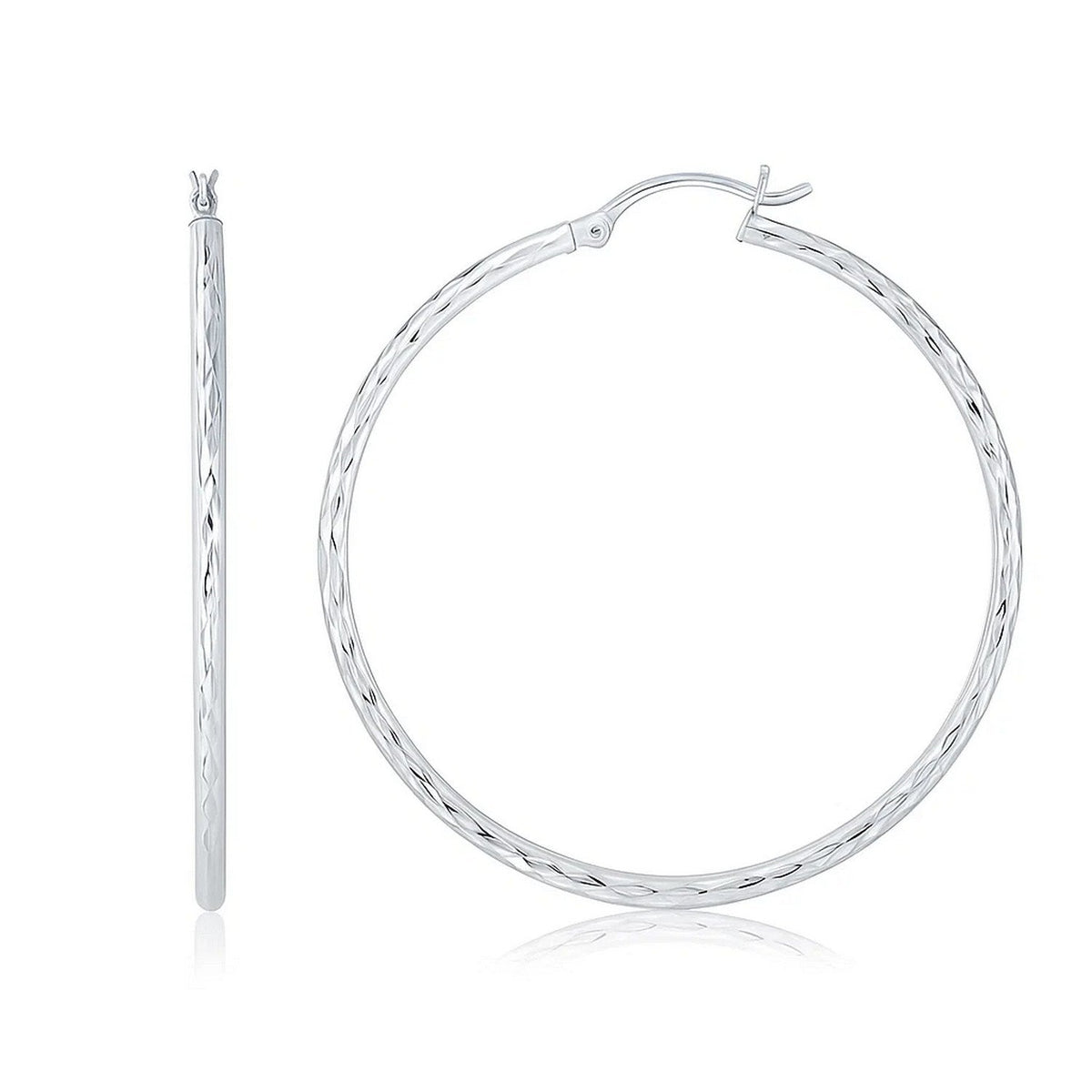 14k White Gold Diamond Cut Hoop Earrings (1 3/4 inch Diameter)