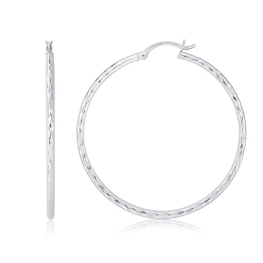 14k White Gold Diamond Cut Hoop Earrings (1 3/4 inch Diameter)