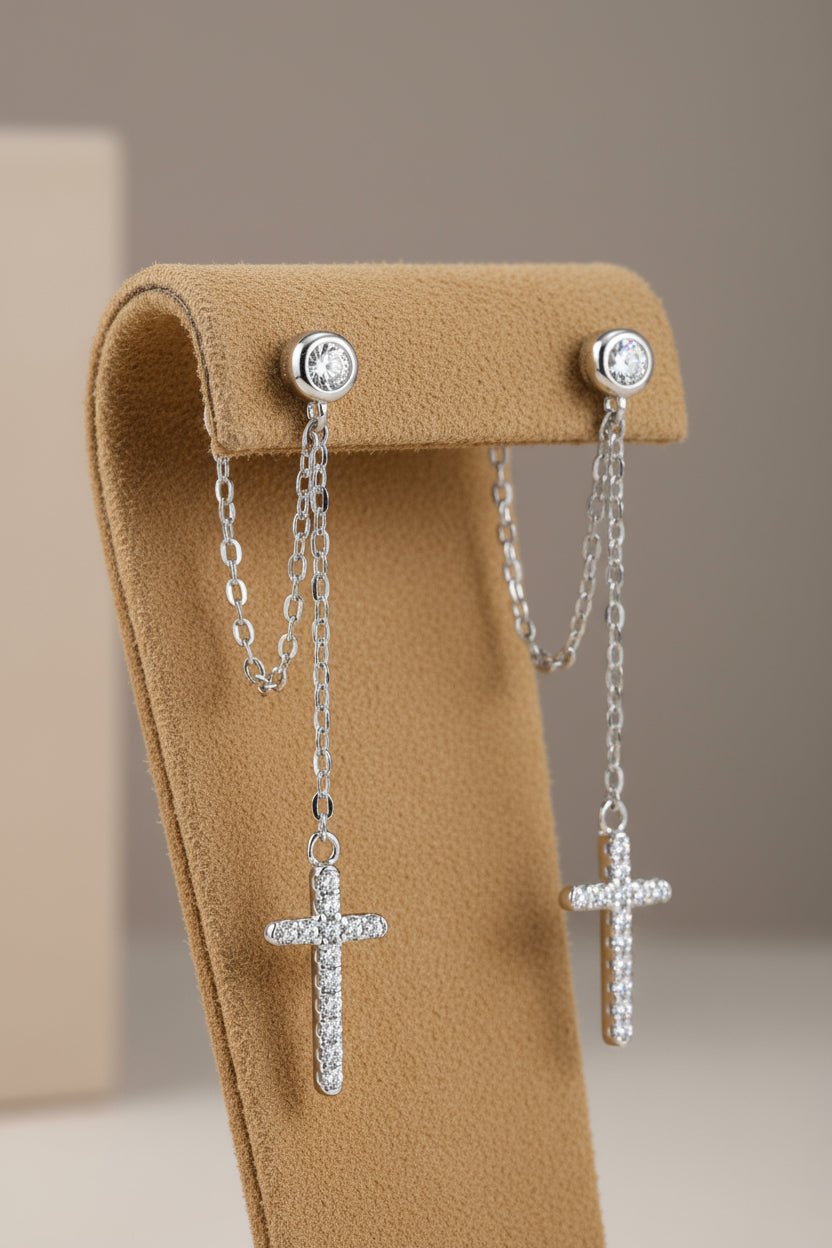 silver cross moissanite earrings 