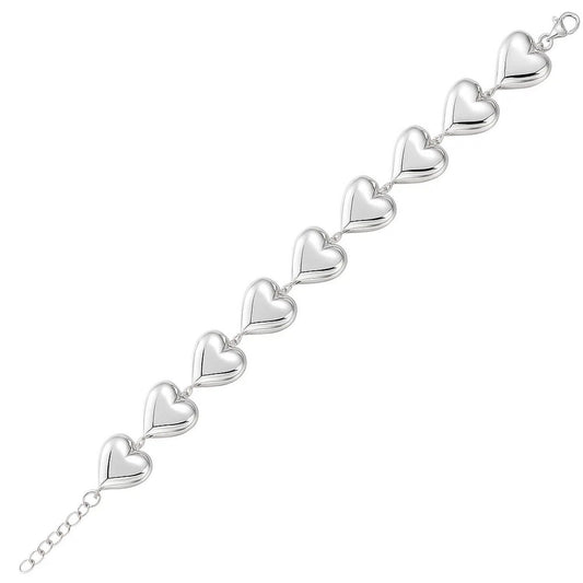 Sterling Silver Rhodium Plated Puffed Hearts Bracelet